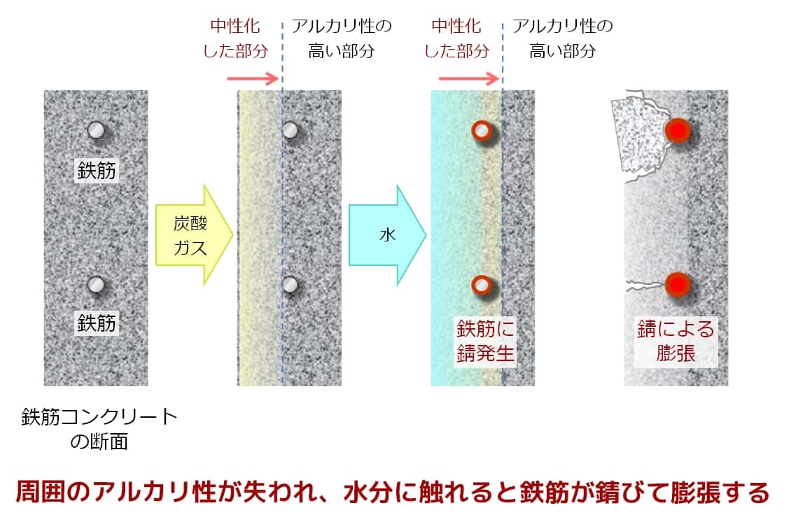 周囲のアルカリ性が失われ水分に触れると鉄筋がさびて膨張することを示したイラスト